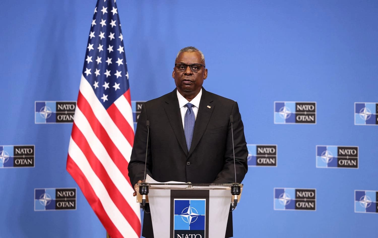 US Secretary of Defense Lloyd Austin addresses a press conference at the NATO headquarters in Brussels on June 16, 2023. SIMON WOHLFAHRT / AFP