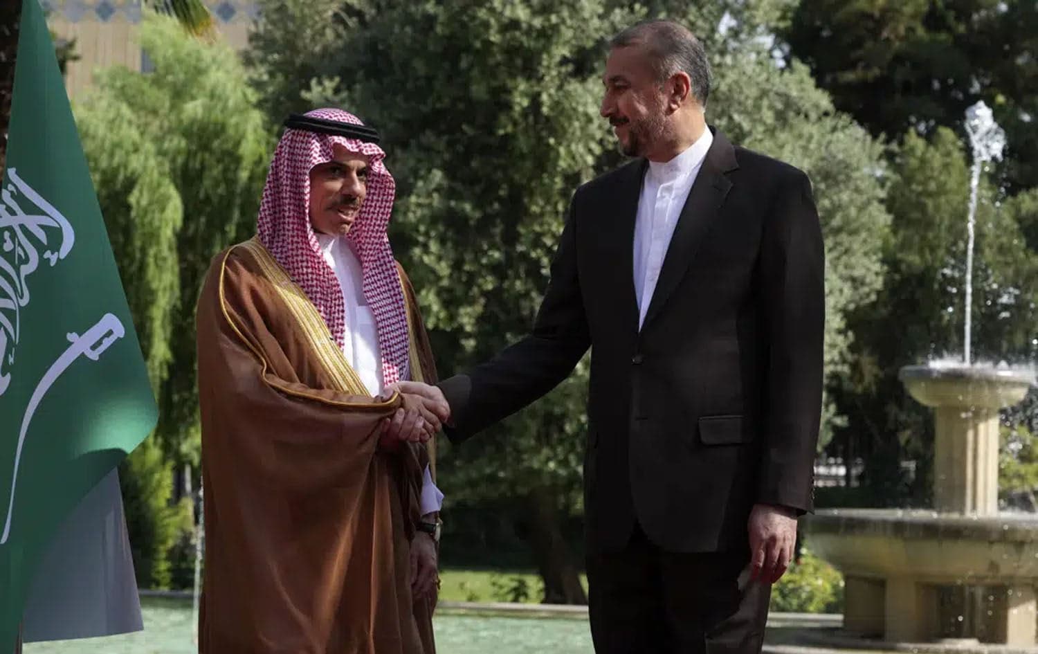 Iranian Foreign Minister Hossein Amirabdollahian, right, and his Saudi counterpart Prince Faisal bin Farhan shake hands prior to their meeting in Tehran, Iran, Saturday, June 17, 2023. Photo: Vahid Salemi/AP