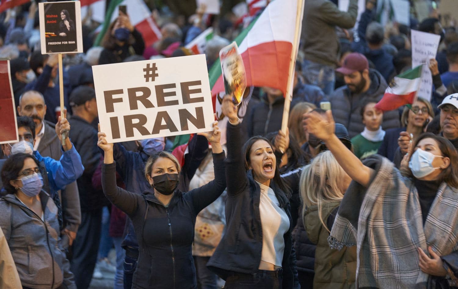 People demonstrate against the Iranian regime during a protest at Mel Lastman Square in Toronto, Ontario on September 24, 2022. Photo: Geoff Robin/AFP