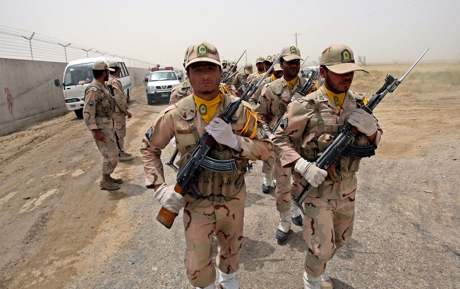 A group of Iranian border guards march at the eastern border of Iran shared with Pakistan and Afghanistan near Zabol, Sistan and Baluchestan Province, Iran, on July 19, 2011. Photo: Vahid Salemi/AP