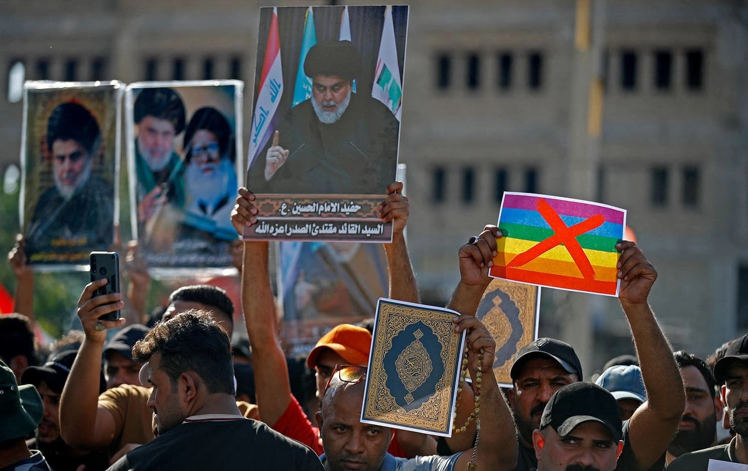 Supporters of Iraq's Sadrist movement gather outside the Swedish embassy in Baghdad on June 30, 2023 for a second day of protests against a Koran burning outside a Stockholm mosque that outraged Muslims around the world. Photo: Ahmad al-Rubaye/AFP