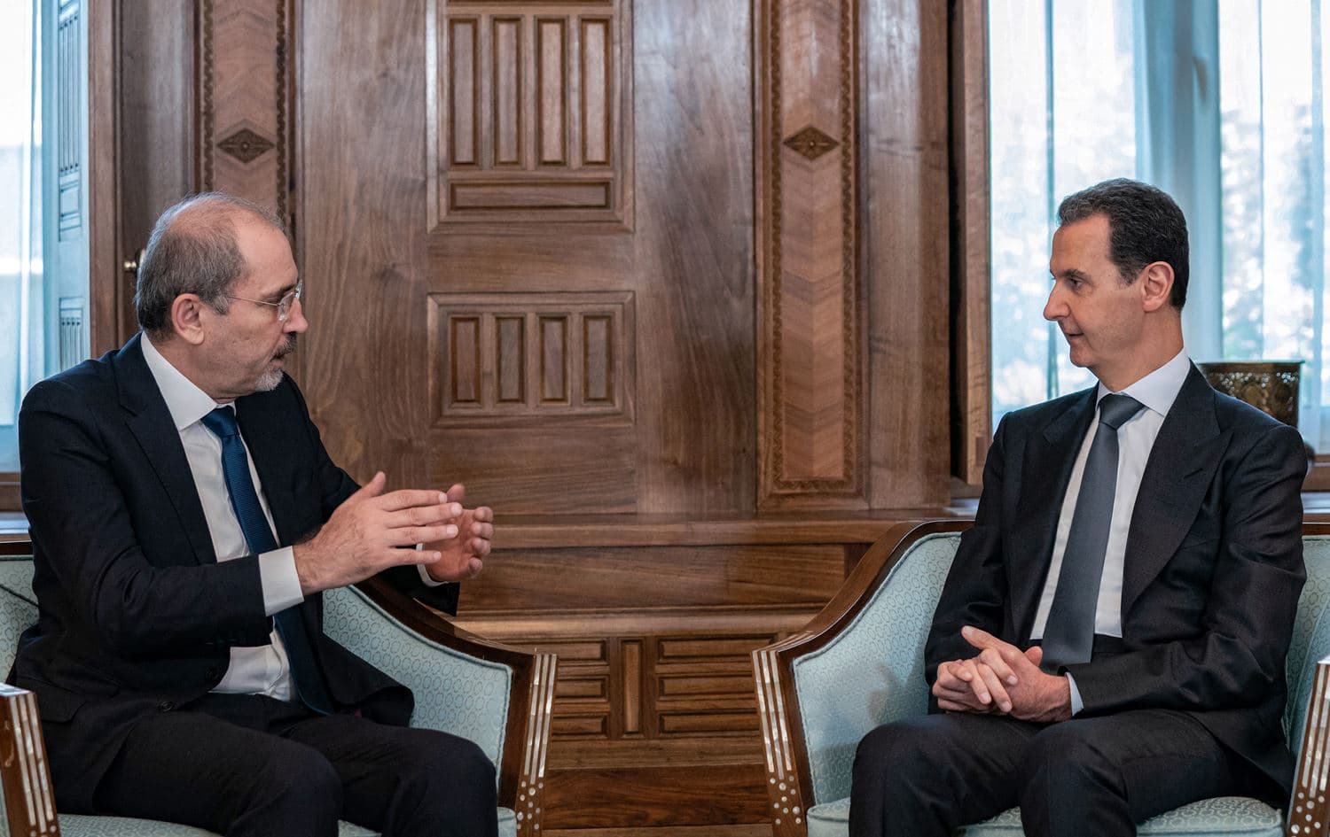 Syria's President Bashar al-Assad (right) meeting with Jordan's Foreign Minister Ayman Safadi (left) in Damascus on July 3, 2023. Photo: SANA