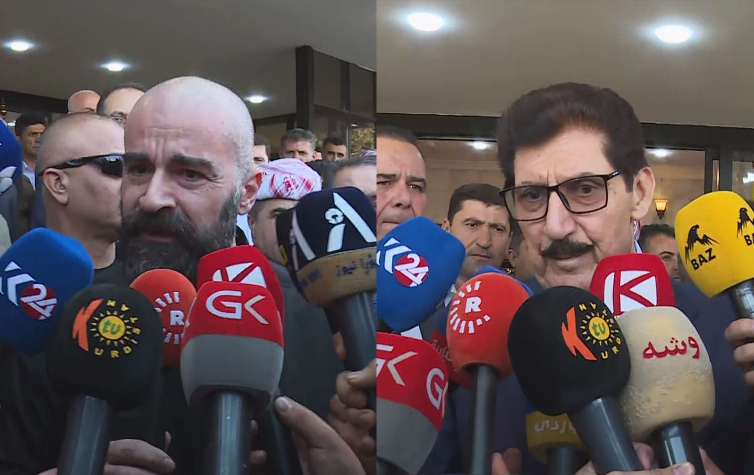 Bafel Talabani, head of the PUK (left), and Fazel Mirani KDP politburo secretary speaking to journalists in Erbil on July 9, 2023. Photo: Rudaw.