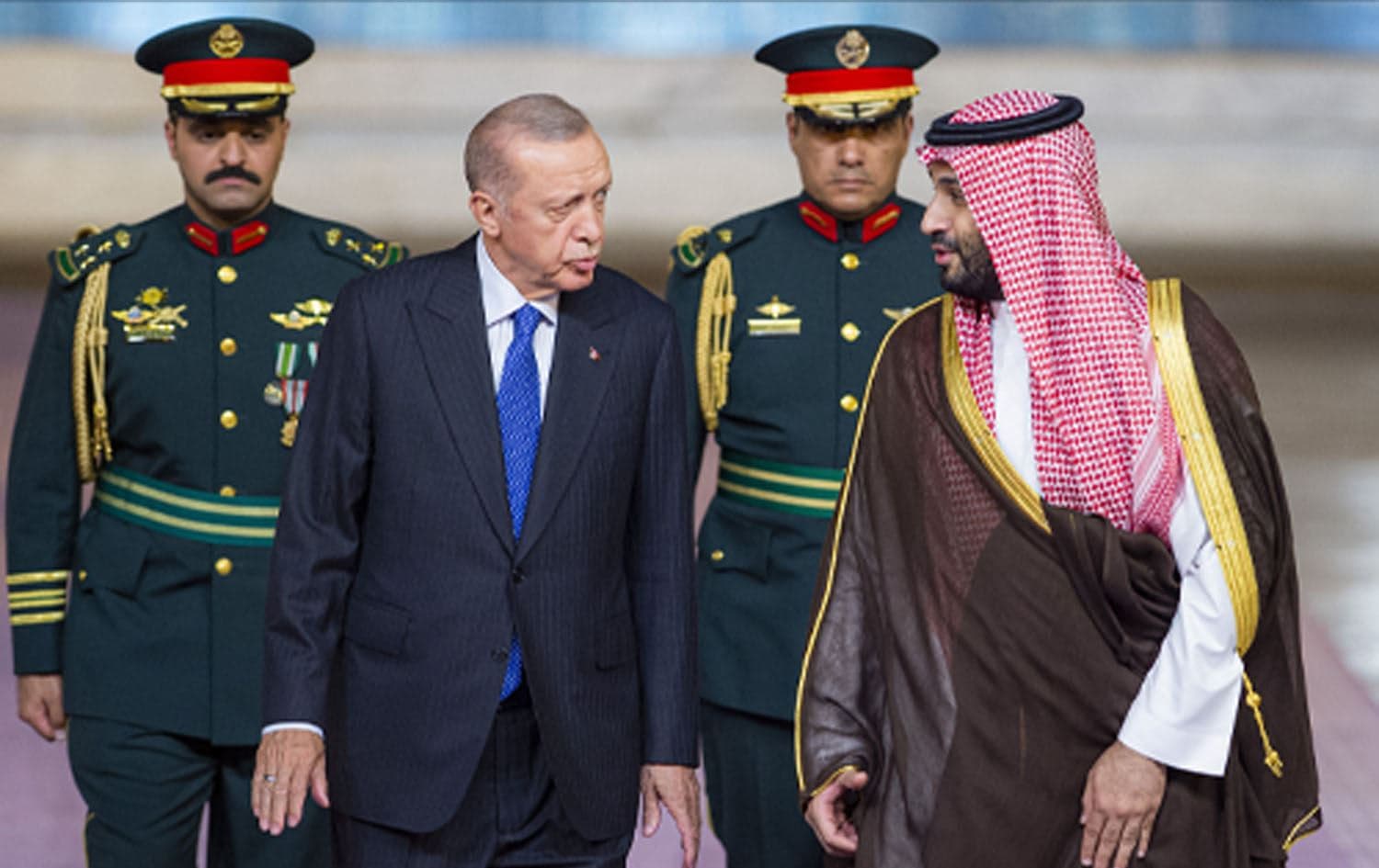 Saudi Royal Palace shows Saudi Arabia's Crown Prince Mohammed bin Salaman (R) welcoming Turkey's President Recep Tayyip Erdogan in Jeddah on July 17, 2023. Photo: handout/Saudi Royal Palace/AFP