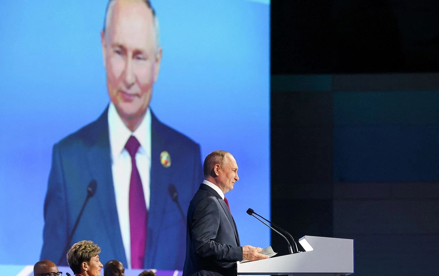 Russian President Vladimir Putin gives a speech at the plenary session of the second Russia-Africa summit in Saint Petersburg on July 27, 2023. Photo: AFP PHOTO/TASS HOST PHOTO AGENCY/ALEXANDER RYUMIN