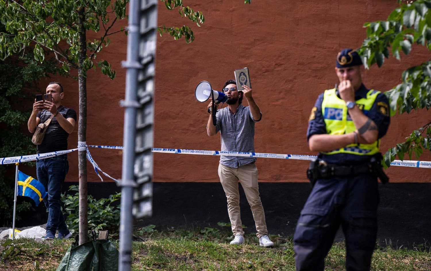 Salwan Momika protesting outside a mosque in Stockholm, Sweden on July 30, 2023. Photo: AFP