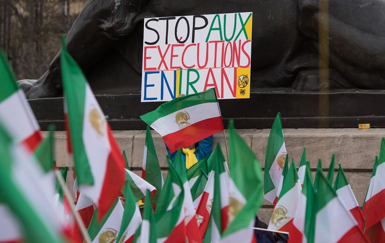 A demonstrator holds up a sign reading 'Stop Executions in Iran' as Iranian opposition protesters carry their national flags in Paris during a rally to protest against the visit of the Iranian president, Hassan Rouhani, in France, January 28, 2016. Photo: Zacharie Scheurer/AP