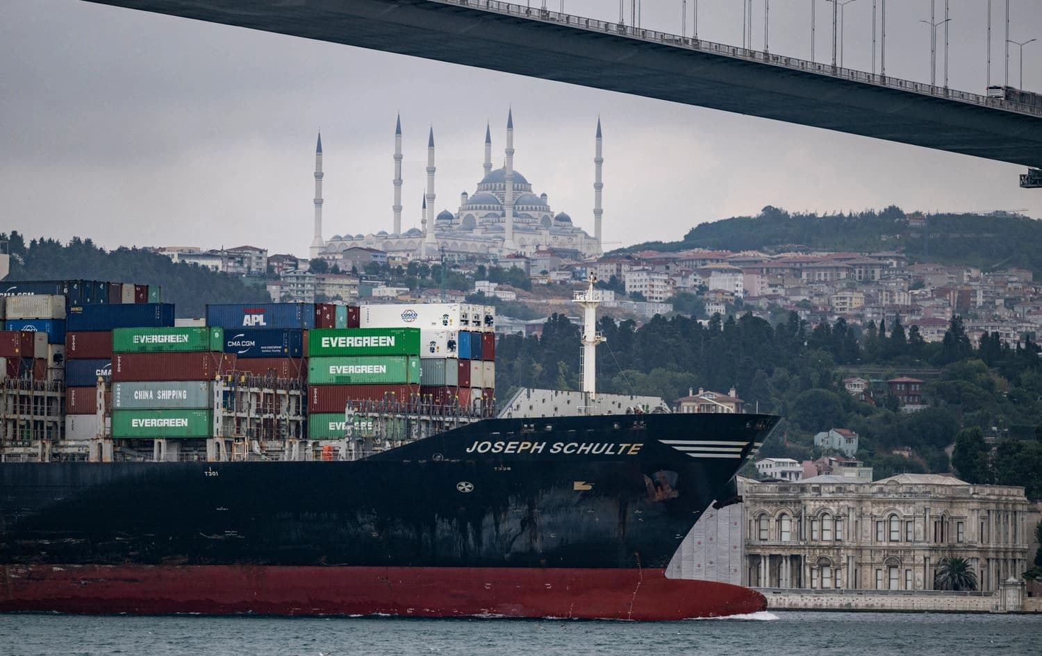 Hong-Kong-flagged container ship "Joseph Schulte" transits Bosphorus in Istanbul, on August 18, 2023. Photo: Yasin Akgul/AFP