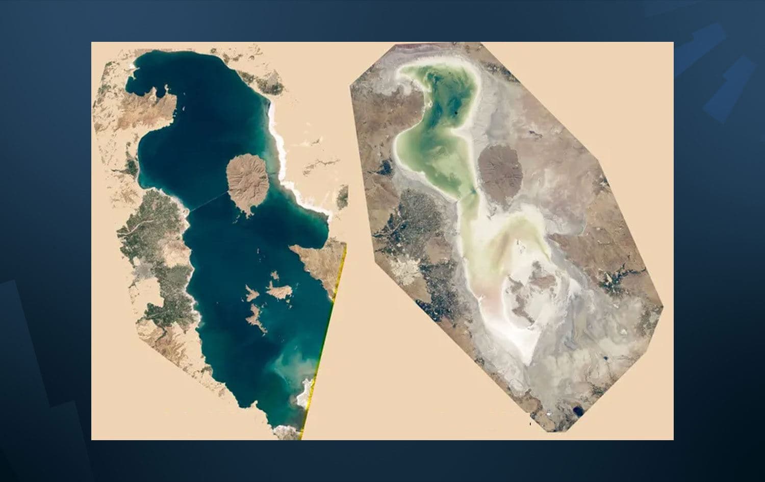 Urmiye Gölü'nün 1998 yılı ile 2014 yılı büyüklüğü karşılaştırması (Foto: The Guardian)