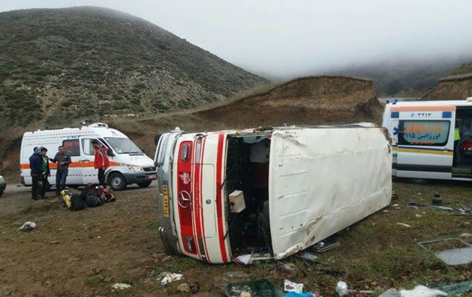 Aftermath of the minibus accident after the bus plunged into a valley on August 25, 2023, killing ten mountaineers. Photo: IRNA