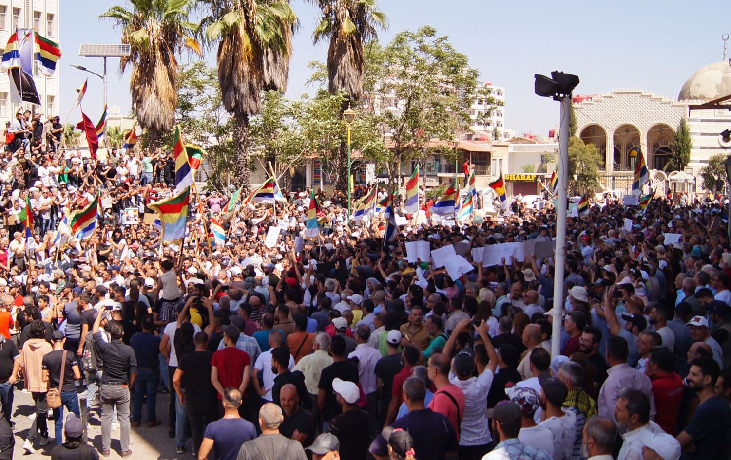People protest in the Syria's southern city of Sweida on September 1, 2023. Photo: Sam HARIRI / AFP