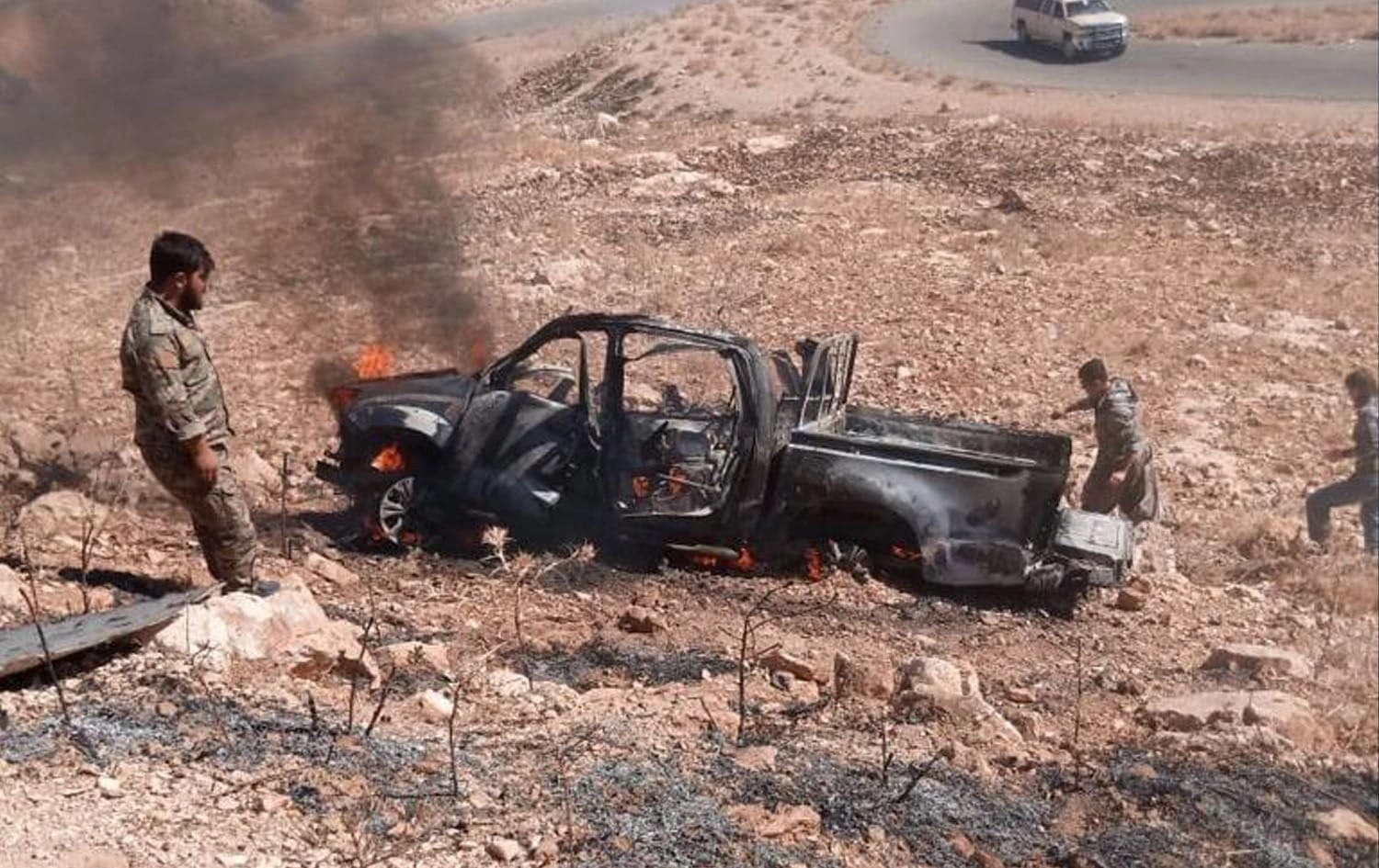 A vehicle in Shingal targeted by a suspected drone on September 17, 2023. Photo: Rojnews