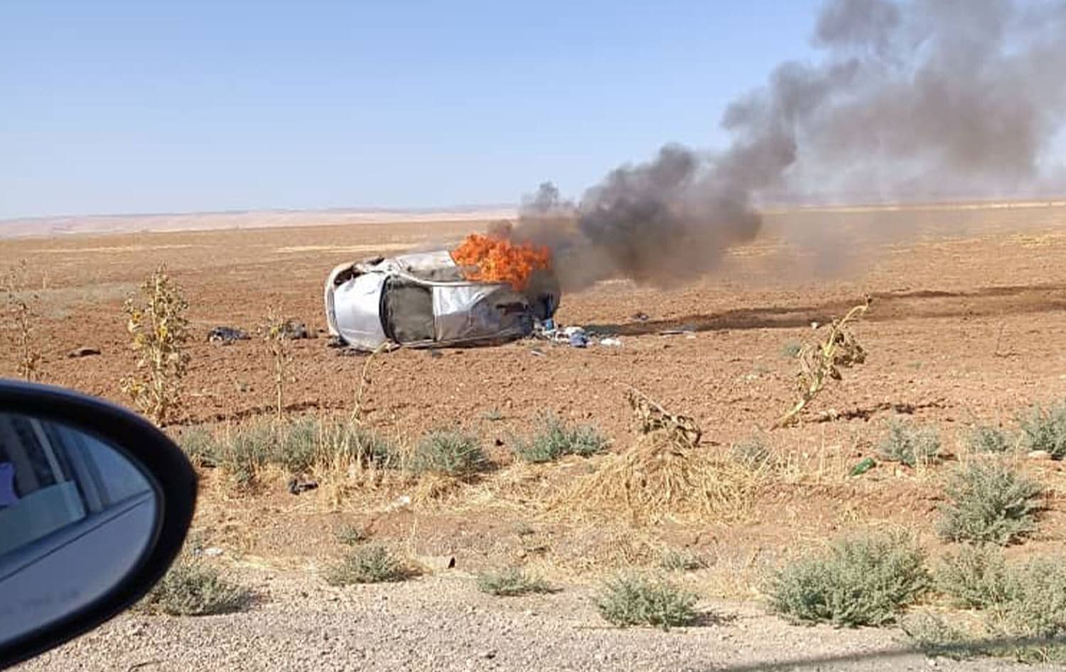 The aftermath of a Turkish drone strike on an Asayish car in Hasaka on September 17, 2023. Photo: SOHR