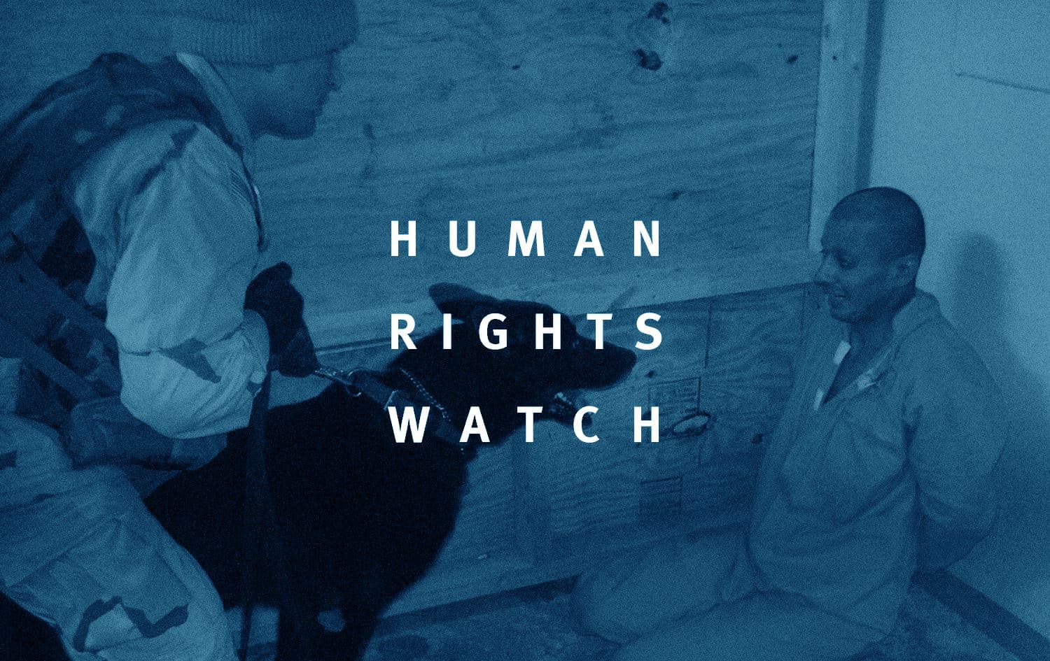 An American soldier, his dog and a detainee at the Abu Ghraib prison in Iraq, 2003, and Human Rights Watch (HRW) logo. Photo: AP, Graphic: Rudaw