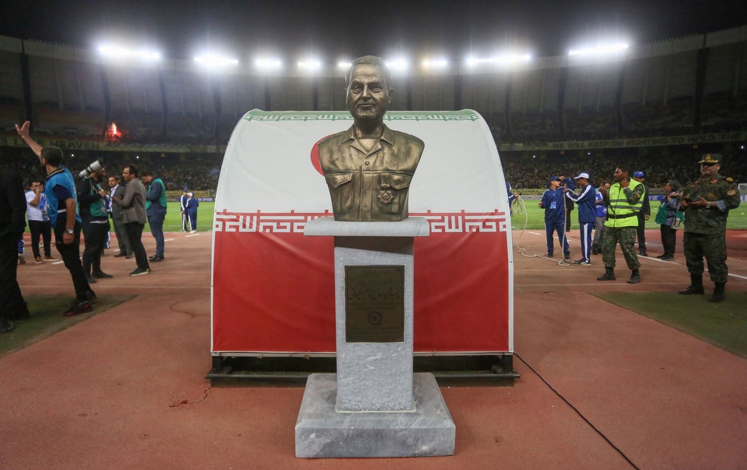 A bust of slain IRGC commander Qasem Soleimani on the pitch at the Naghsh-e-Jahan Stadium in Isfahan, Iran on October 2, 2023. Photo: Morteza Salehi/AFP