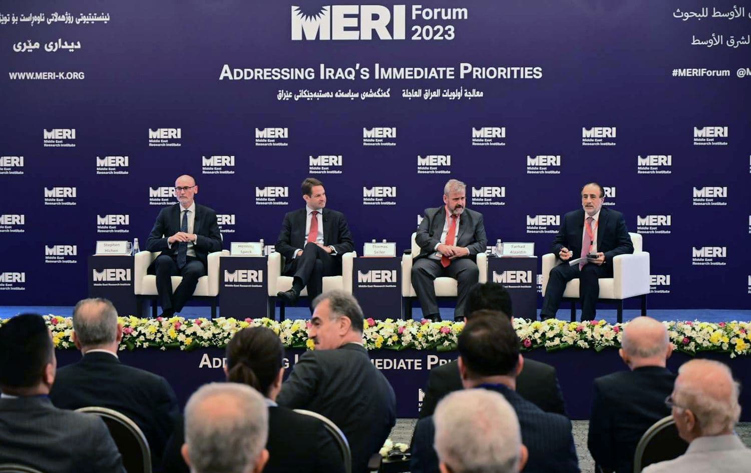 From left: Stephen Hitchen, the UK ambassador to Iraq, Thomas Seiler, Head of European Union Delegation in Iraq, Henning Speck, National Security Advisor, CDU/CSU group, German Bundestag, Farhad Alaaldin, Advisor to the Prime Minister of Iraq on Foreign Affairs at the MERI Forum in Erbil on October 10, 2023. Photo: Bilind T. Abdullah/Rudaw