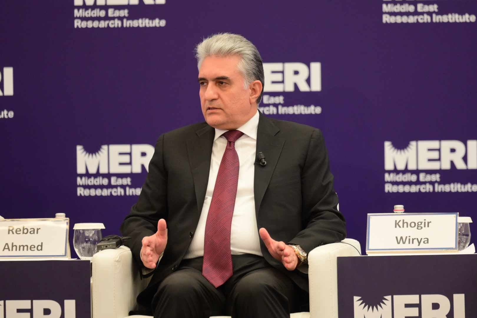 Reber Ahmed, KRG interior minister, speaking at MERI in Erbil on October 11, 2023. Photo: Rudaw 