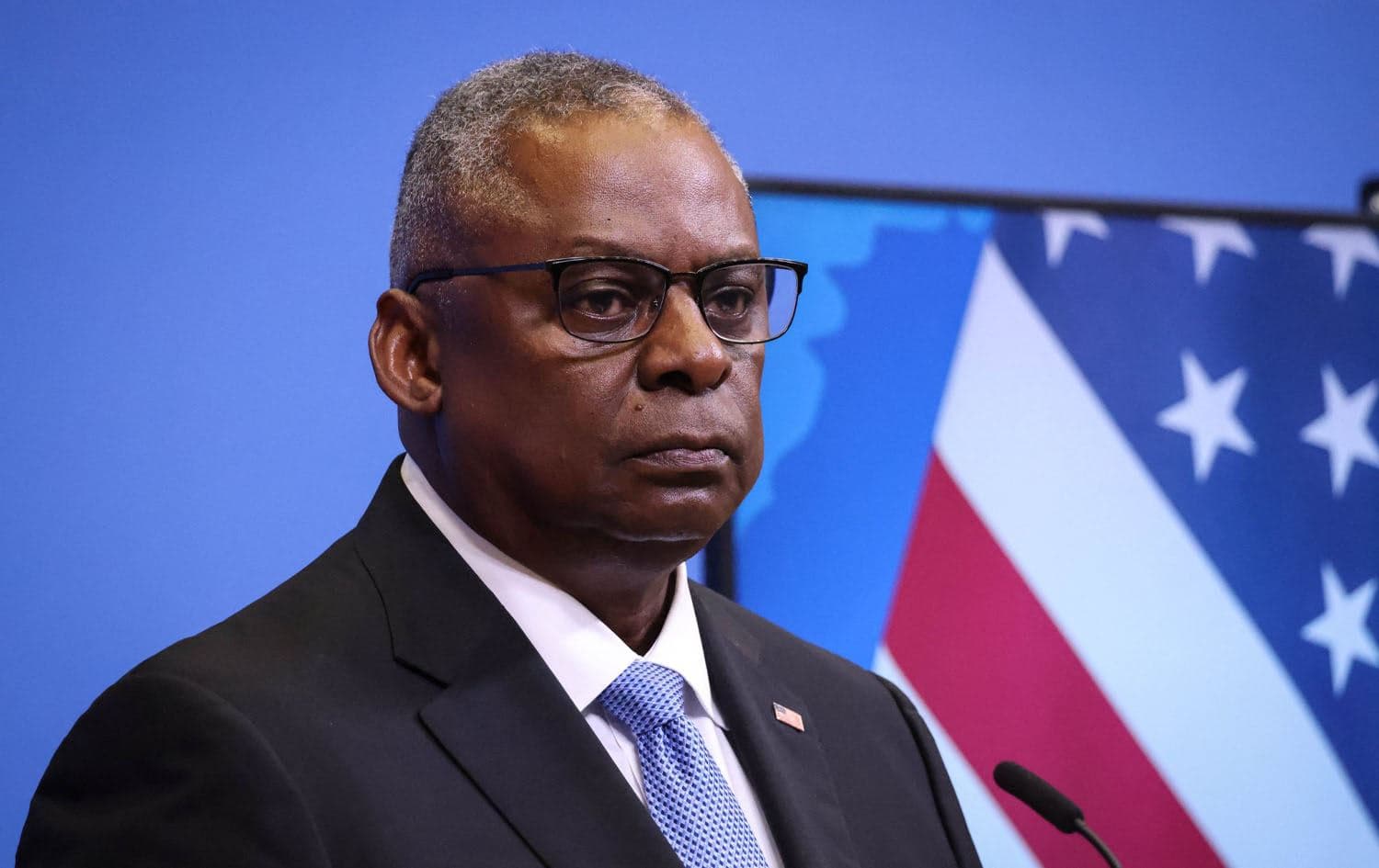 US Defence Secretary Lloyd Austin gives a press conference during the NATO Council Defence Ministers Session at the NATO headquarters in Brussels on October 12, 2023. Photo: AFP