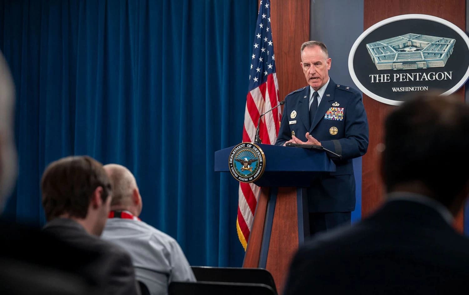 Pentagon Press Secretary U.S. Air Force Brigadier General Pat Ryder addresses members of the media during a briefing at the Pentagon, Washington, D.C., on October 31, 2023. Photo: Pentagon