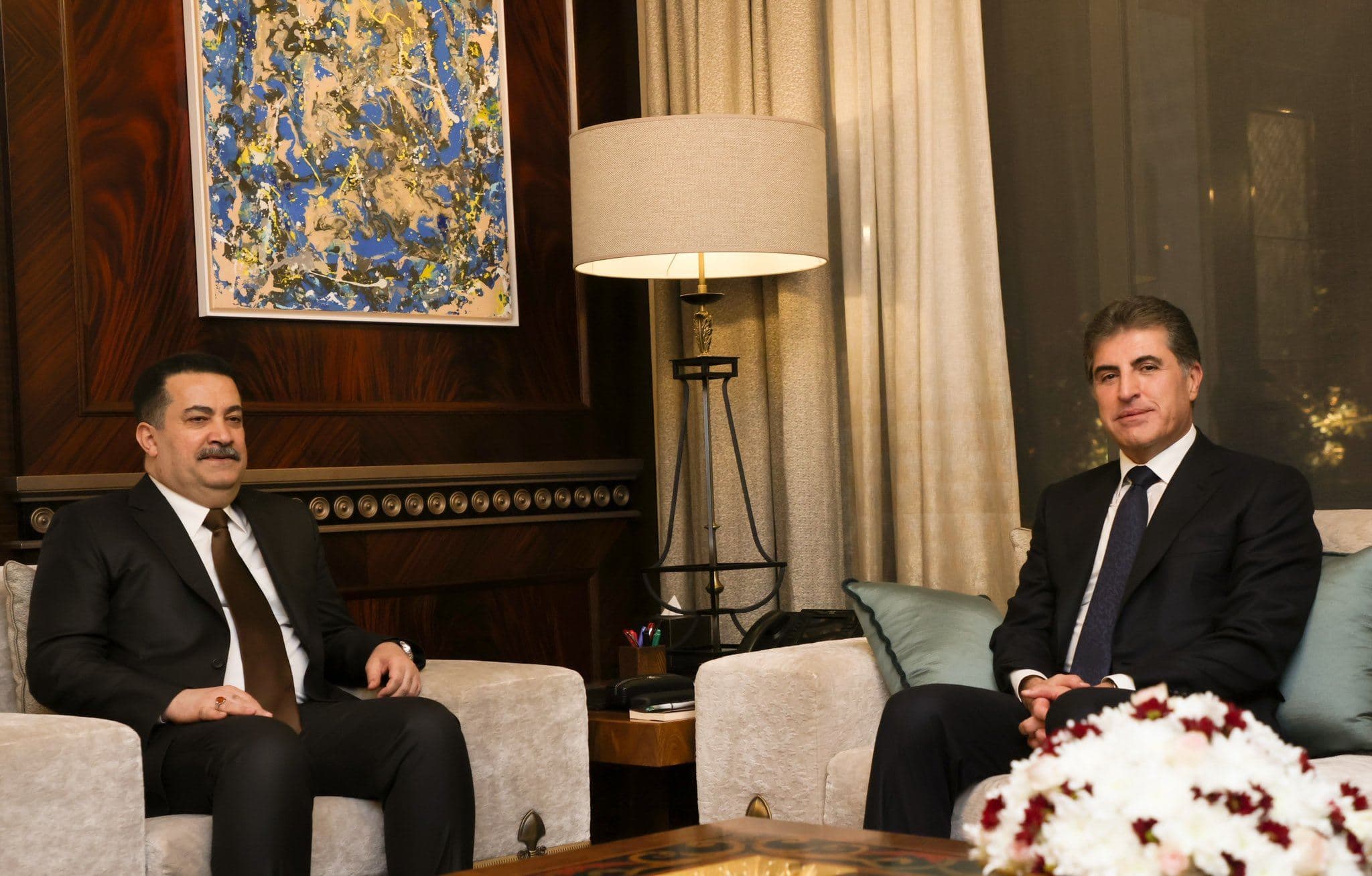 Iraq's Prime Minister Mohammed Shia' al-Sudani (left) and Kurdistan Region President Nechirvan Barzani meeting in Erbil on November 9, 2023. Photo: KRP