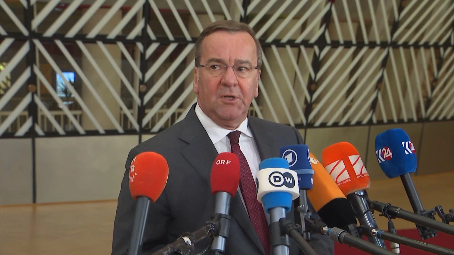 German Defense Minister Boris Pistorius speaking to reporters in Brussels on November 14, 2023. Photo: Rudaw 