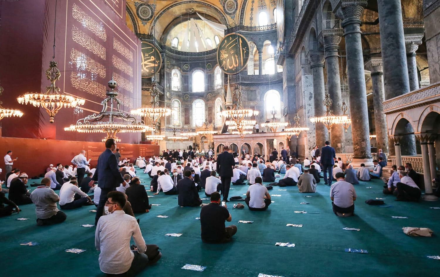 People gather to perform Friday Prayer in the Hagia Sophia for the first time after 86 years in Istanbul, Turkey. Photo: Esra Bilgin/Anadolu Agency