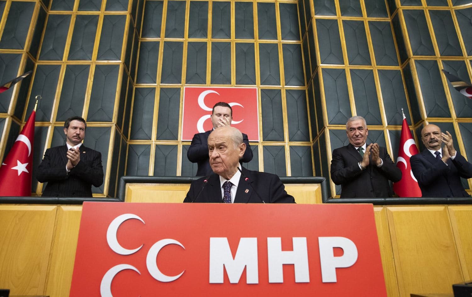 Devlet Bahceli, leader of the ultranationalist Nationalist Movement Party (MHP) speaking to his party's parliamentary group in Ankara on December 26, 2023. Photo: MHP