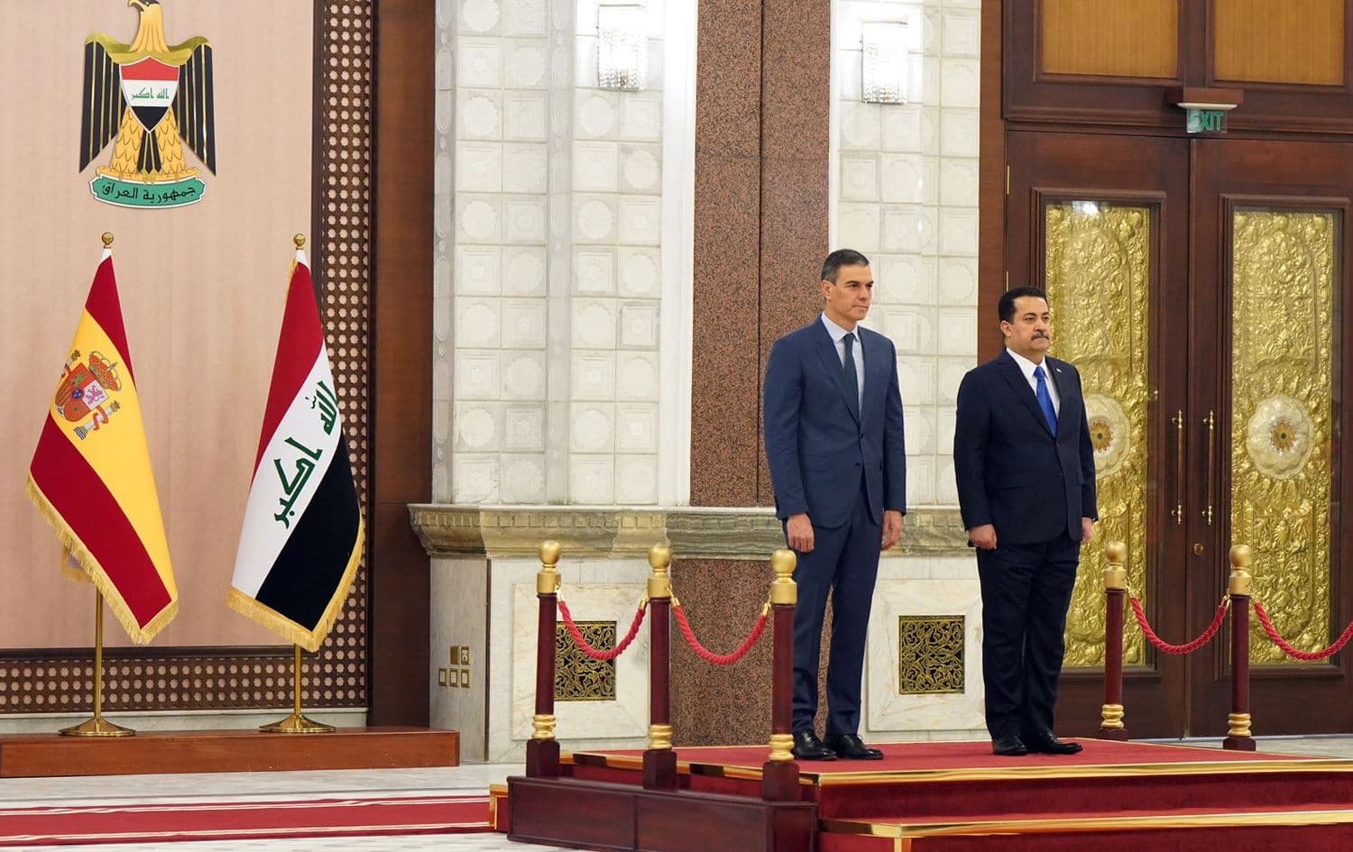 Iraqi PM Mohammed Shia’ al-Sudani hosts an official reception ceremony for his Spanish counterpart Pedro Sanchez in the Government Palace in Baghdad on December 28, 2023. Photo: PM Sudani's office