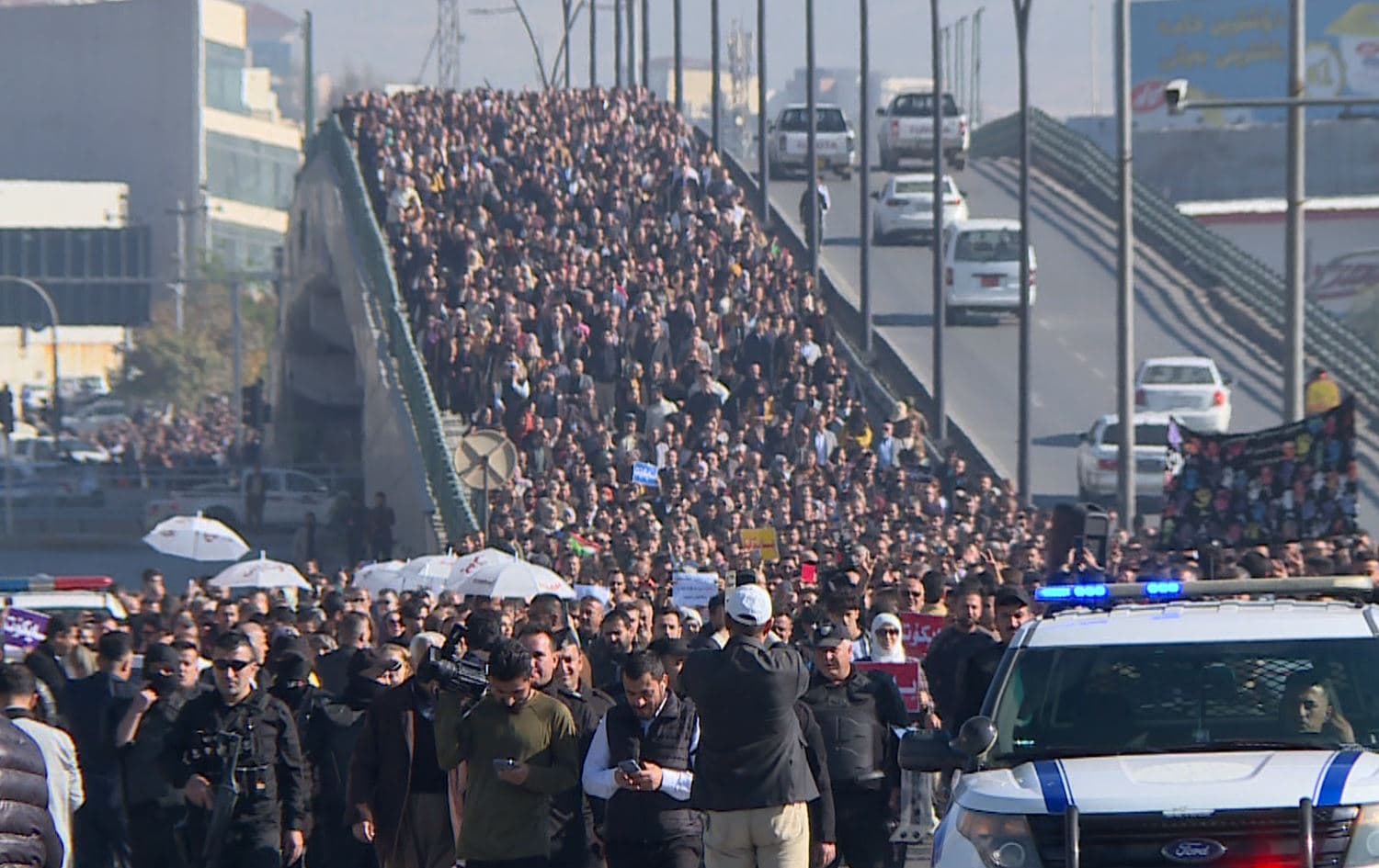 Striking teachers swarm streets of Sulaimani in protest on January 3, 2024. Photo: Rudaw/screengrab