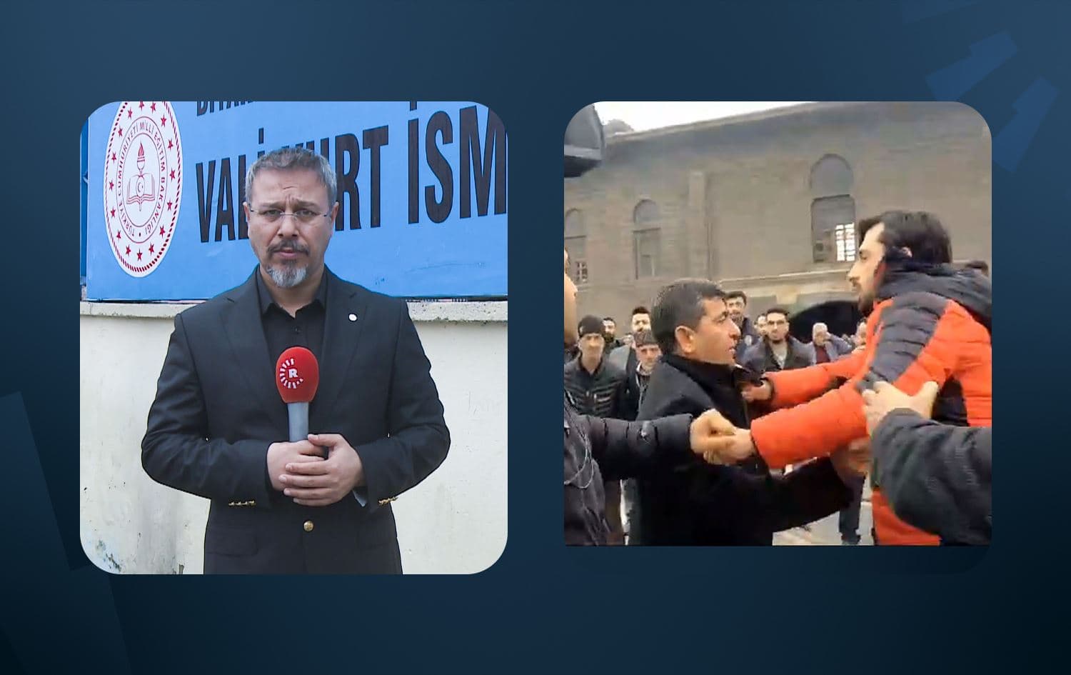 From left: file photo of Rudaw reporter Mashallah Dekak, and the moment he was attacked on January 12, 2024. Photos: Rudaw