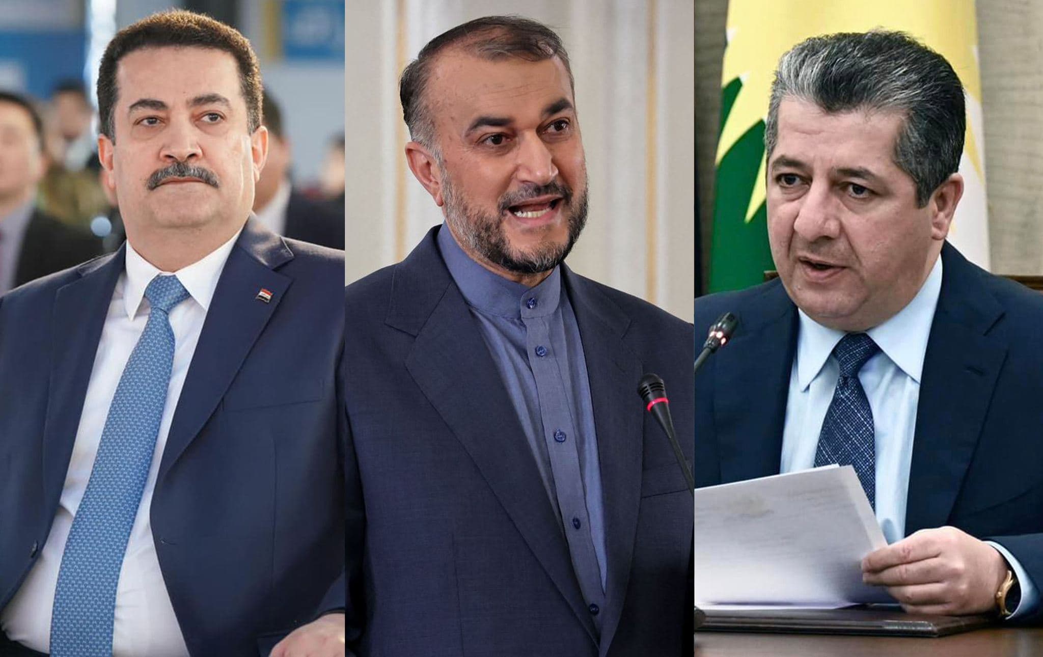 From left: Iraqi PM Mohammed Shia' al-Sudani. Photo: PM Sudani's office. Iranian Foreign Minister Hossein Amir-Abdollahian. Photo: AFP. Kurdistan Region PM Masrour Barzani. Photo: PM Barzani's office