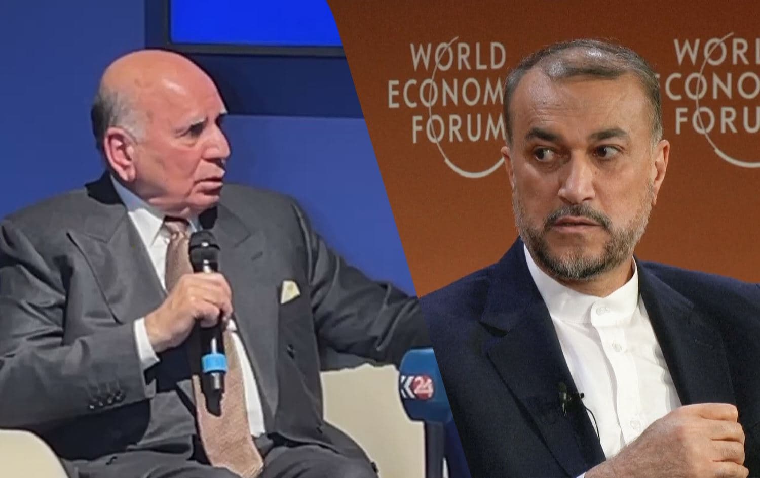 Iraqi Foreign Minister Fuad Hussein (left) and Iranian Foreign Minister Hossein Amir-Abdollahian (right) speaking on the sidelines of the World Economic Forum in Davos, Switzerland on January 17, 2024. Photos: screengrab/AFP