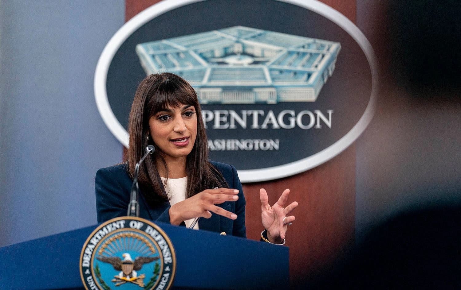 Deputy Pentagon Press Secretary Sabrina Singh speaking at a news conference in the Pentagon on November 4, 2023. Photo: AP
