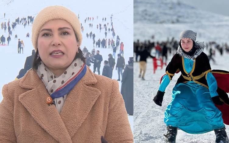 Rûdaw 15.00 bülteni spikeri Hêvîdar Zana (solda) Karacadağ kayak merkezinde / Rûdaw