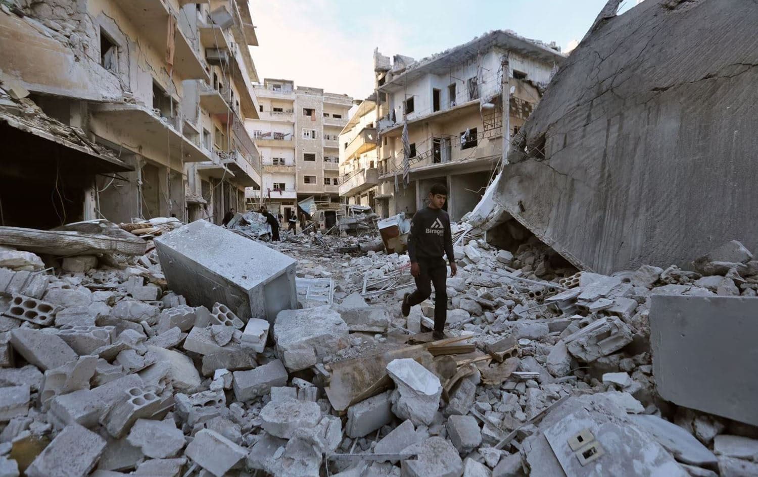 A man walks past destruction resulting from airstrikes on the town of Ariha, in Idlib province, Syria on January 30, 2020. Photo: Ghaith Alsayed/AP