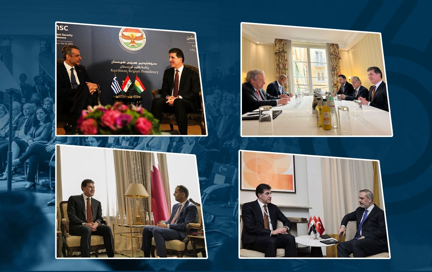 Kurdistan Region President Nechirvan Barzani holds meetings with high-profile delegations in Munich on February 16, 2024. Photos: Kurdistan Region Presidency. 
