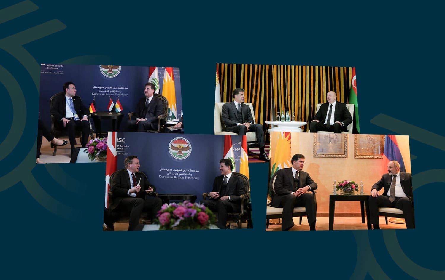 Kurdistan Region President Nechirvan Barzani holds high-profile meetings on the sidelines of the Munich Security Conference on February 17, 2024. Photos: Office of the President. Graphic: Rudaw