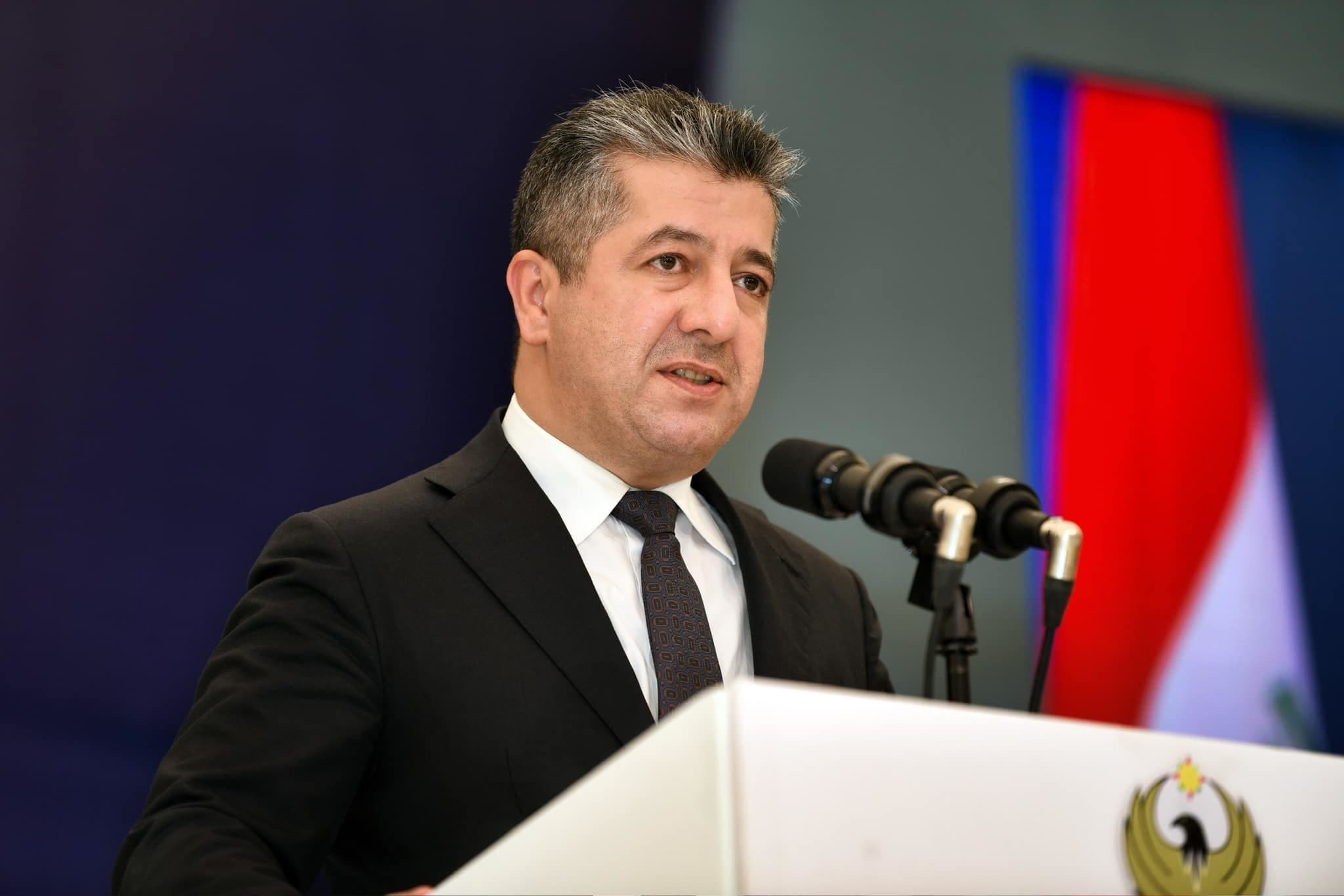 Kurdistan Region Prime Minister Masrour Barzani delivering a speech in Halabja on February 22, 2024. Photo: PM Barzani's office