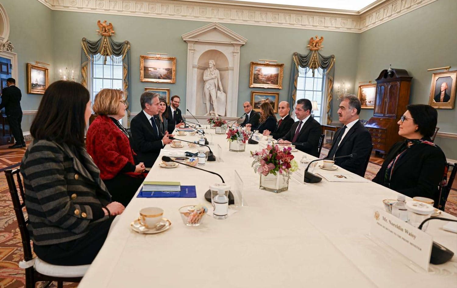 Prime Minister Masrour Barzani and KRG delegation (right) meeting with US Secretary of State Antony Blinken (left) in Washington DC on February 26, 2024. Photo: KRG