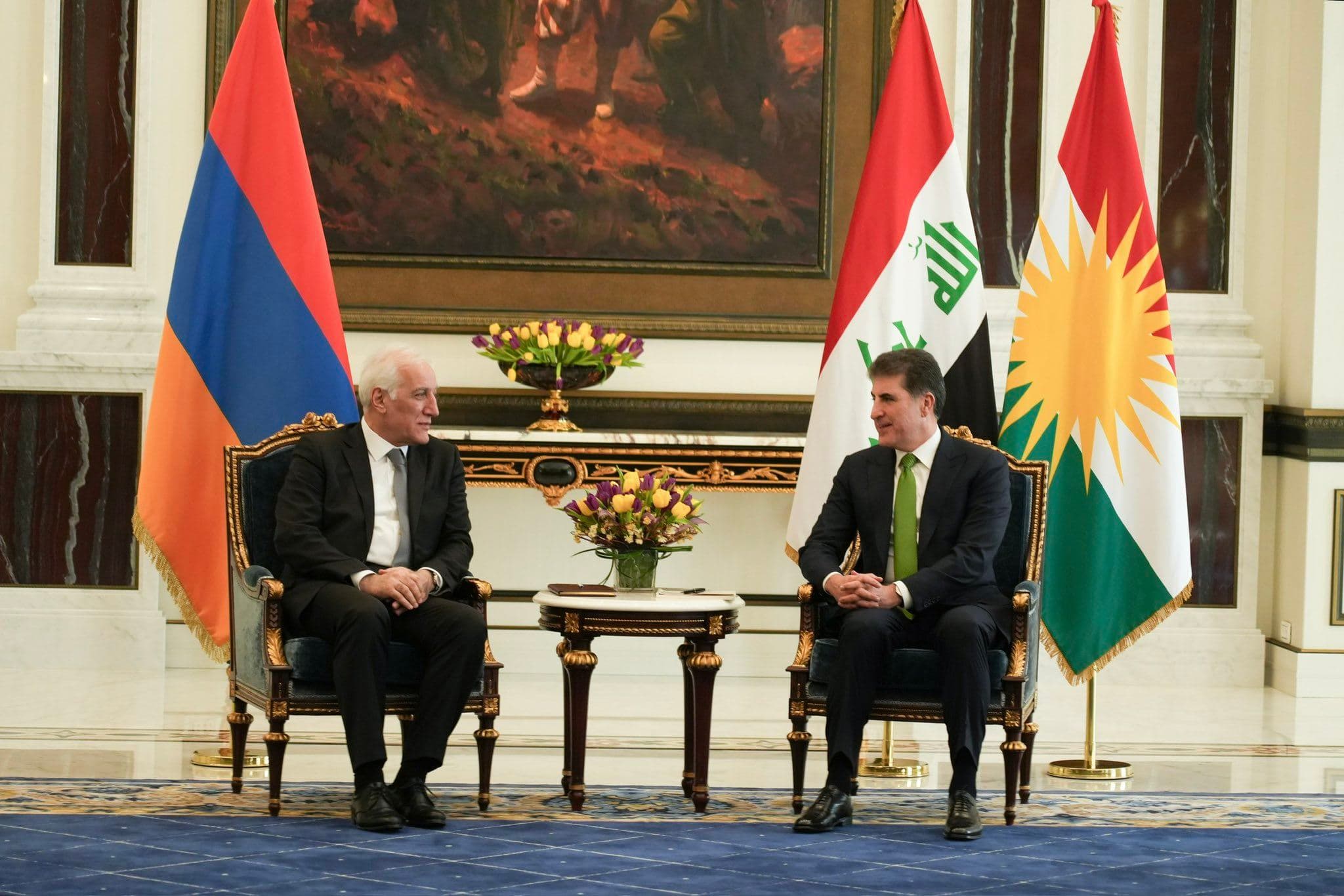 Kurdistan Region President Nechirvan Barzani (right) received the Armenian President Vahagn Khachaturyan (left) in Erbil on February 29, 2024. Photo: Kurdistan Region Presidency.