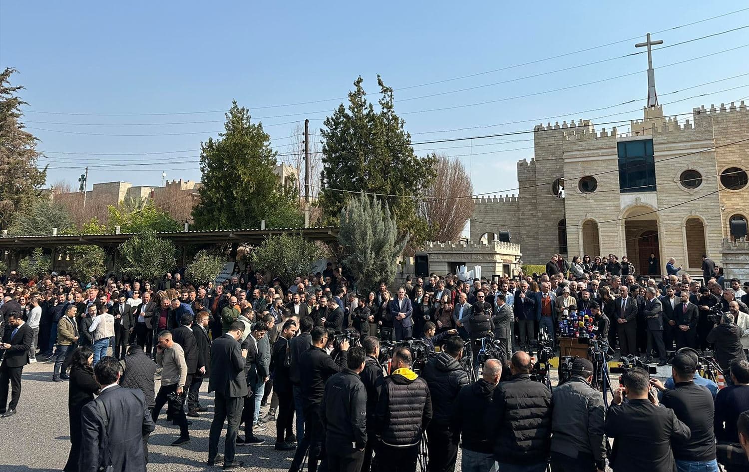 Christians gather before the Cathedral of Saint Joseph in Ainkawa, Erbil to protest an Iraqi Federal Supreme Court ruling against the Kurdistan parliament’s minority seats on March 4, 2024. Photo: Julian Bechocha/Rudaw