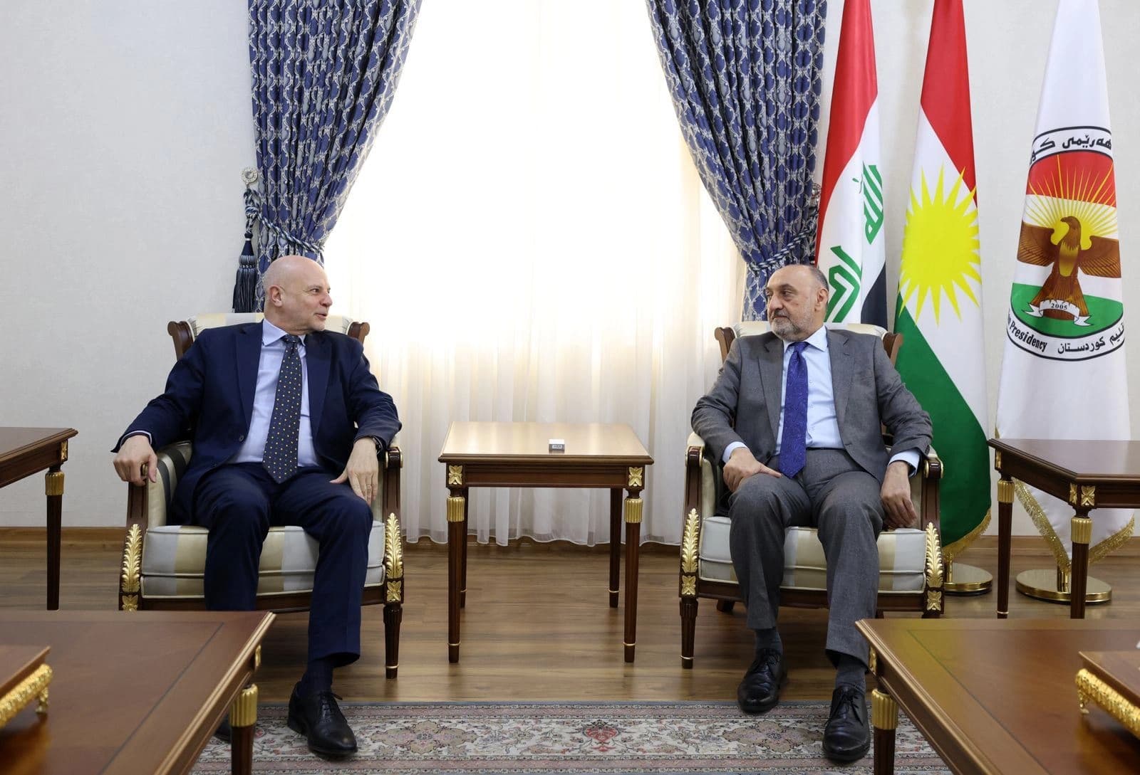 From left: Claudio Cordone, the UN’s Deputy Special Representative of the Secretary-General for Iraq, and  Chief of Staff of Kurdistan Region Presidency Fawzi Hariri, meeting in Erbil on March 6, 2024. Photo: Kurdistan Region Presidency. 