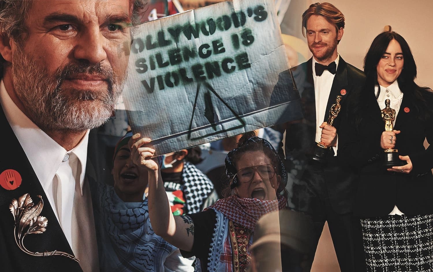 From left: Actor Mark Ruffalo wearing a red pin to represent Artists4Ceasefire. Protesters calling for an immediate ceasefire in Gaza in front of Los Angeles' Dolby Theater. Singer Billie Eilish and her brother FINNEAS pose with their Oscars while wearing the red pins. Photos: AFP