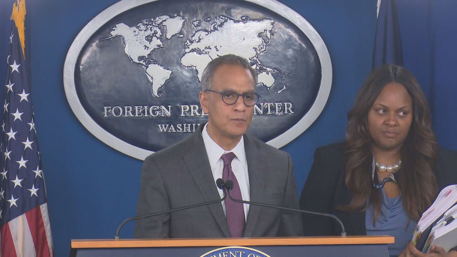 Richard Verma, Deputy Secretary of State for Management & Resources, (left) speaking during a press briefing on March 13, 2024. Photo: handout 