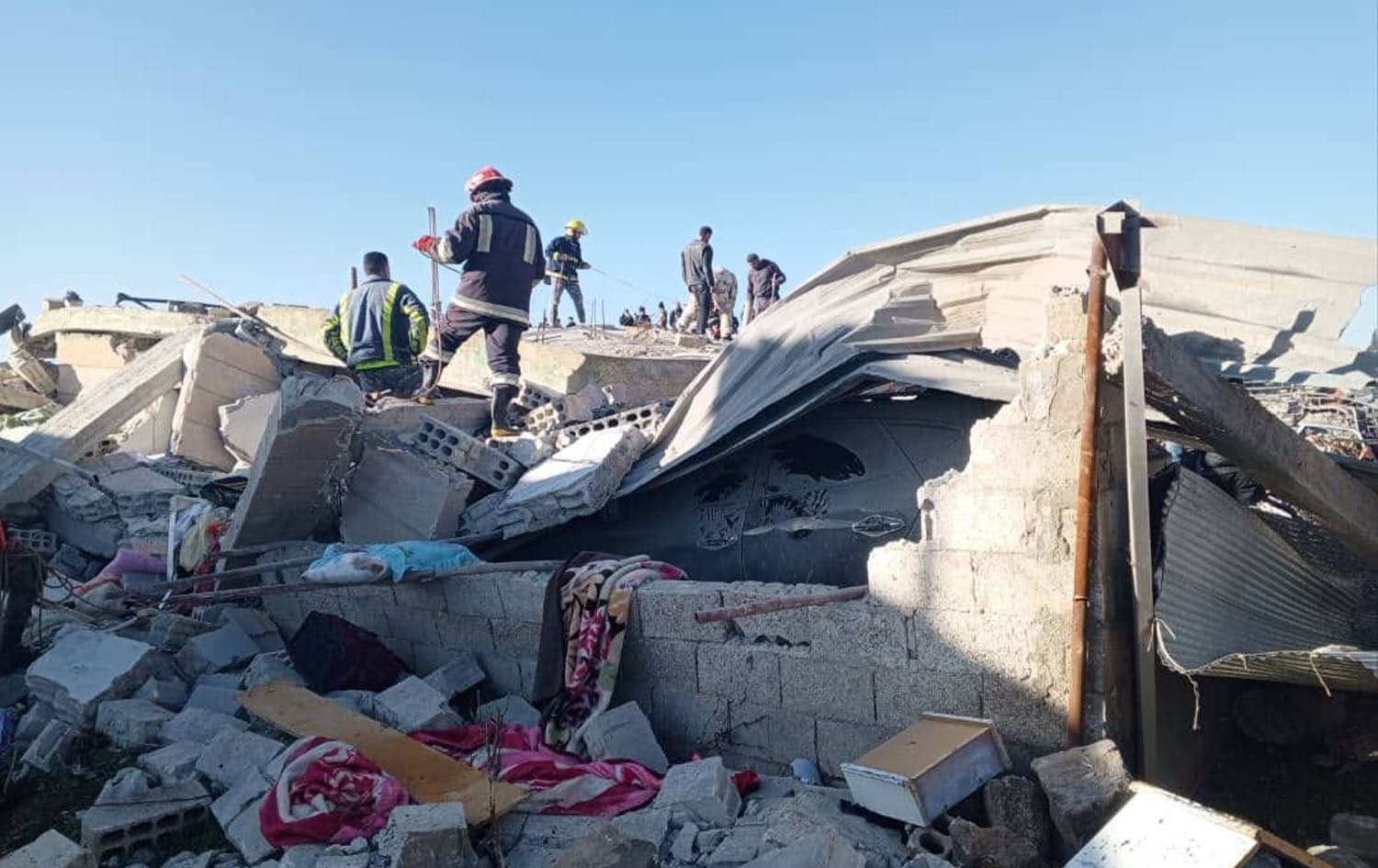 Suspected Jordanian airstrikes struck civilian houses in the town of Orman in the southern province of Suwayda on January 18, 2024, killing ten members of the same family. Photo: Suwayda Fire Brigade