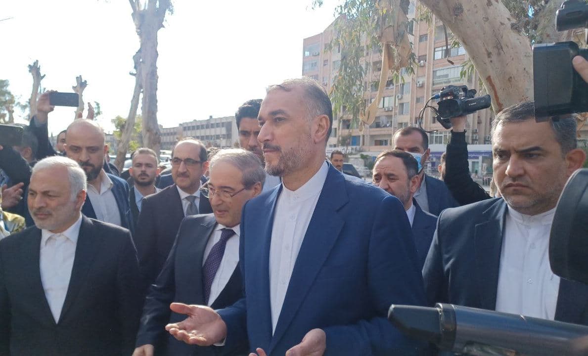 Iranian Foreign Minister Hossein Amir-Abdollahian (middle) visits the destroyed building of Iran's embassy in Damascus on April 8, 2024. Photo: IRNA 