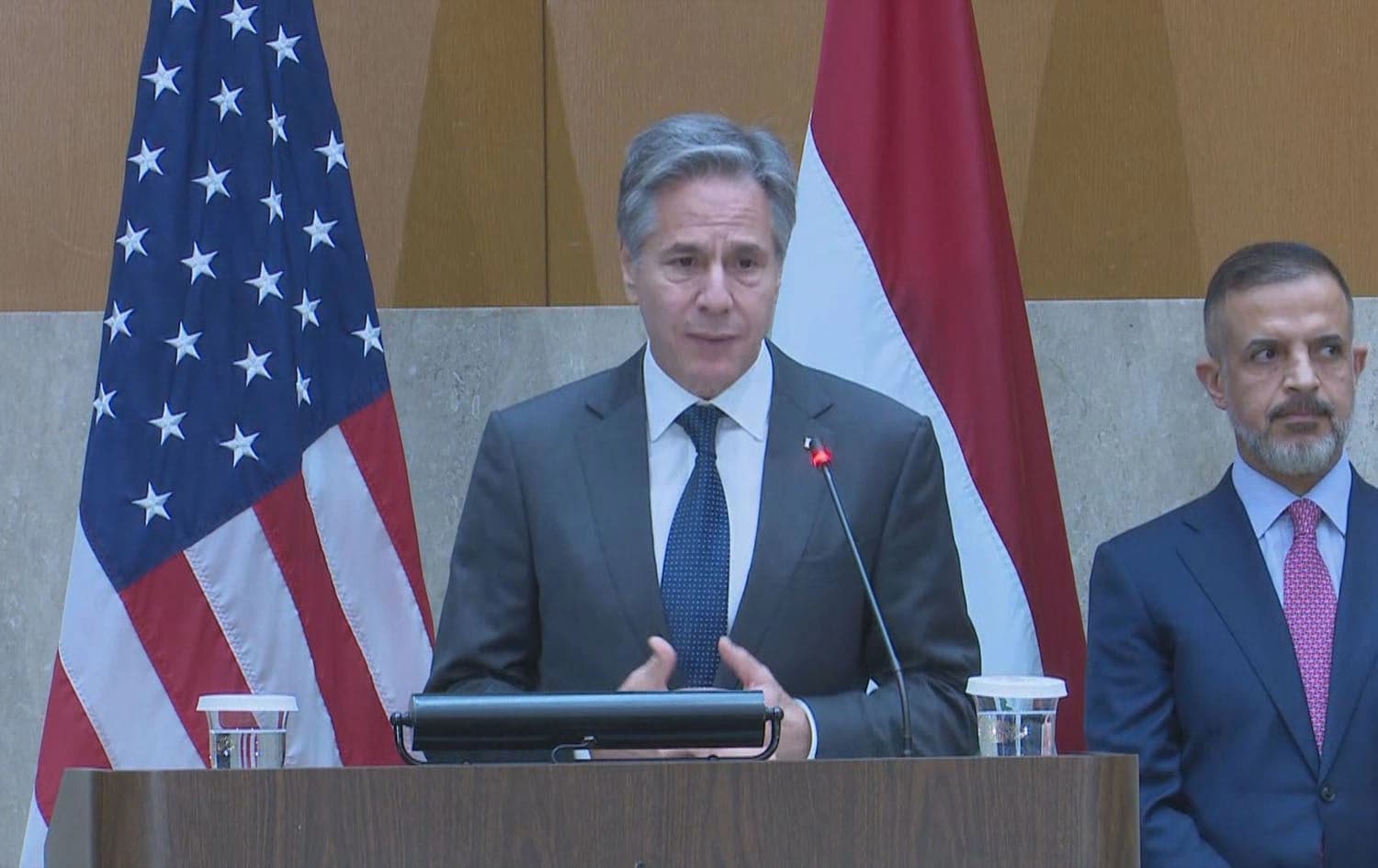 US Secretary of State Antony Blinken (left) speaking at a press briefing with the Iraqi Deputy Prime Minister and Minister of Planning Mohammed Ali Tamim (right), in Washington DC on April 15, 2024. Photo: Rudaw