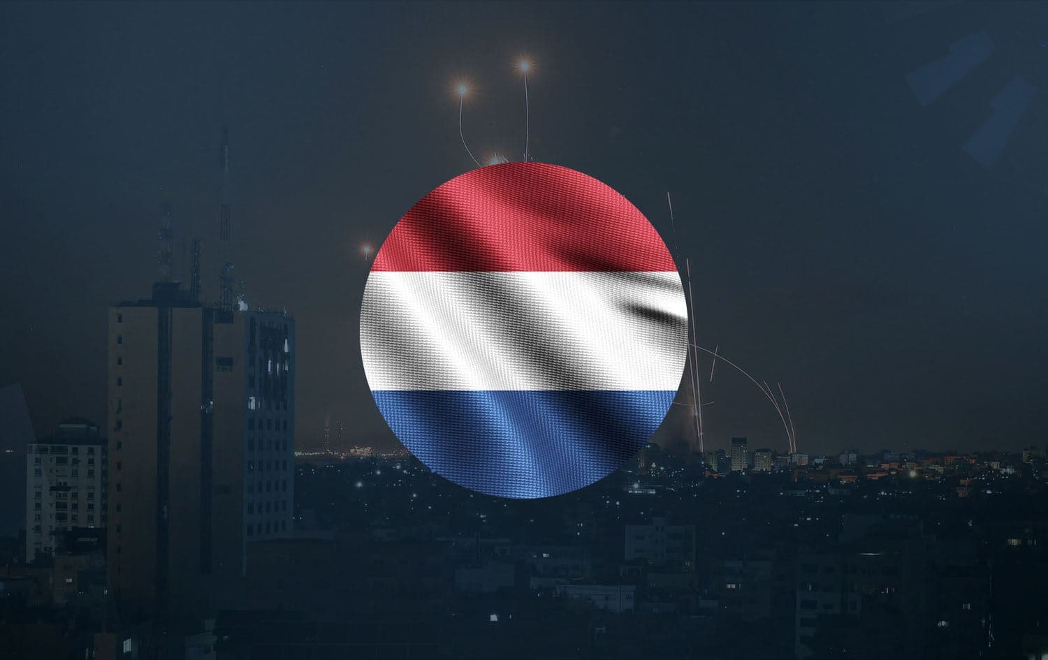 The flag of the Netherlands, and Israel’s Iron Dome missile defense system intercepts rockets launched from Gaza on October 8, 2023. Photo: Mahmud Hams/AFP, Graphic Rudaw