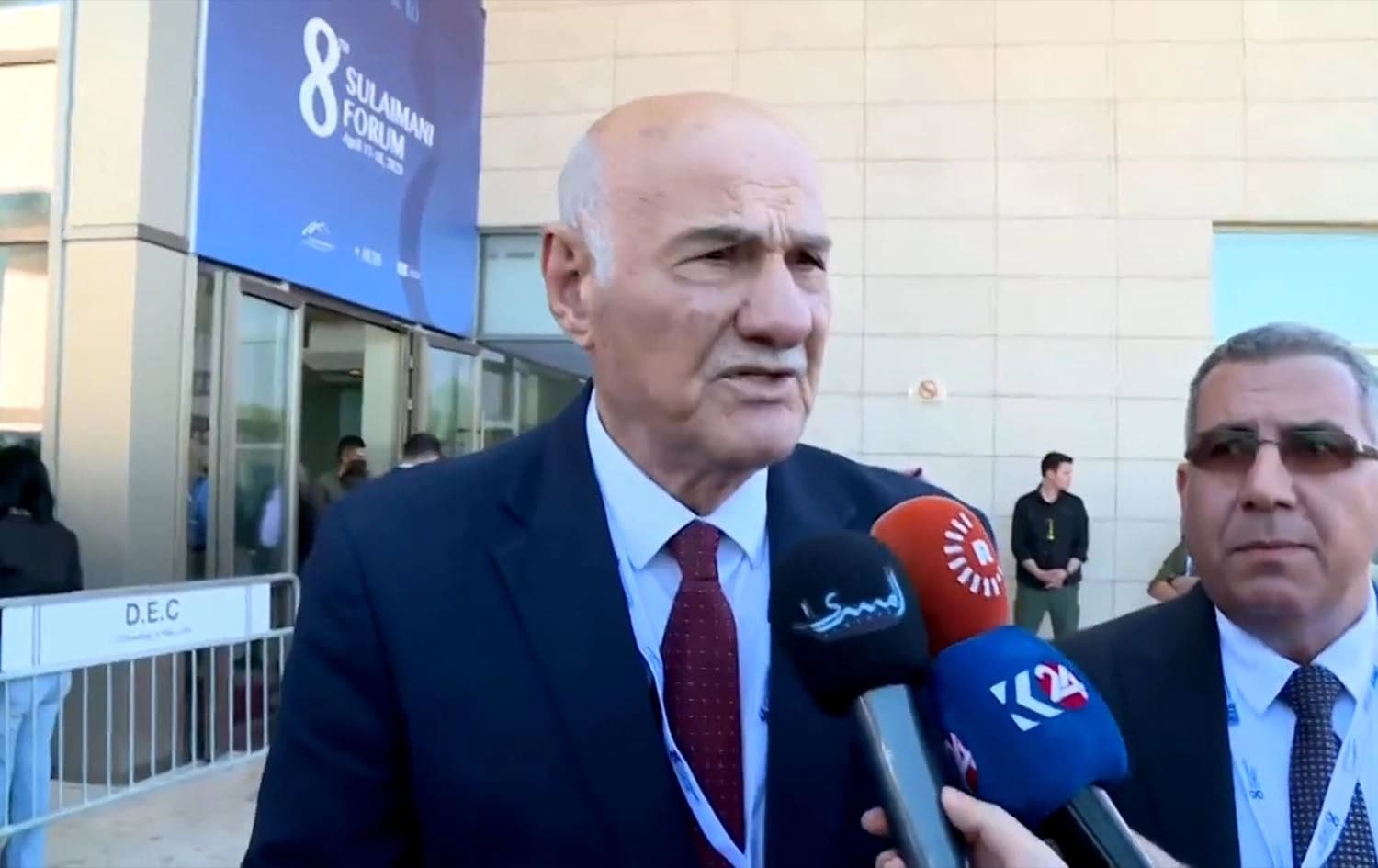 Iraq's Minister of Water Resources Aoun Diab speaking to journalists on the sidelines of the 8th edition of Sulaimani forum. Photo: Screengrab/Rudaw
