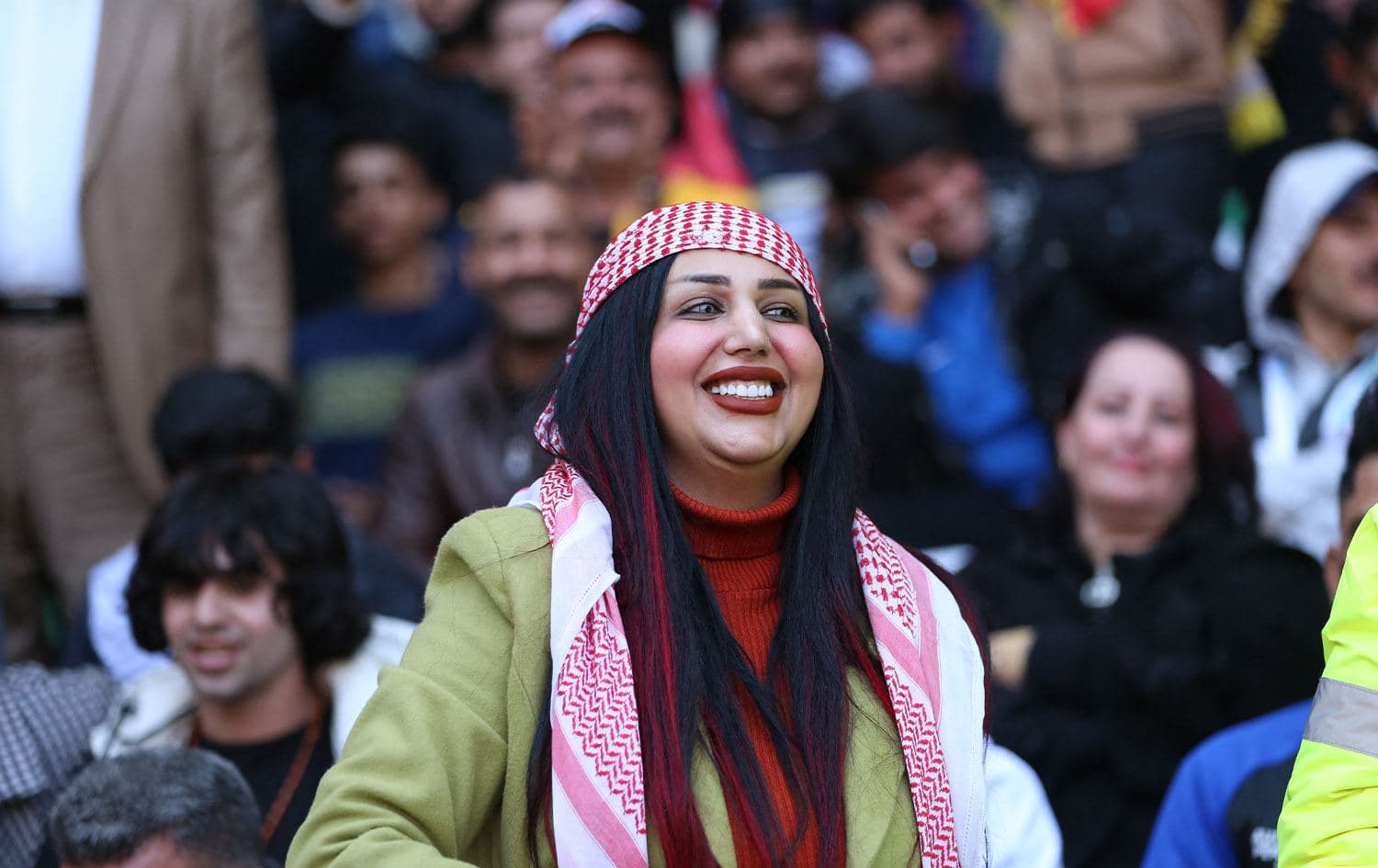 Iraqi TikTok celebrity Om Fahed is pictured at the Basra International Stadium during a match of the Arabian Gulf Cup football tournament on January 19, 2023. Photo: Hussein Faleh/AFP